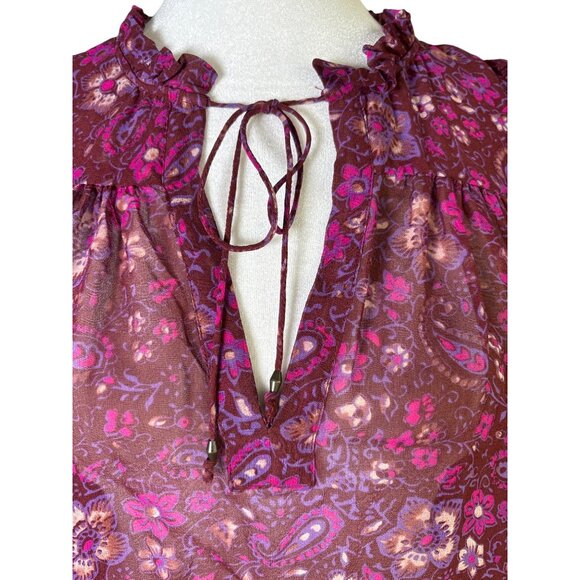 Ulla Johnson Blouse Size Medium Floral Print Tie Neck Ruffle Silk Magenta Pink - Picture 3 of 9